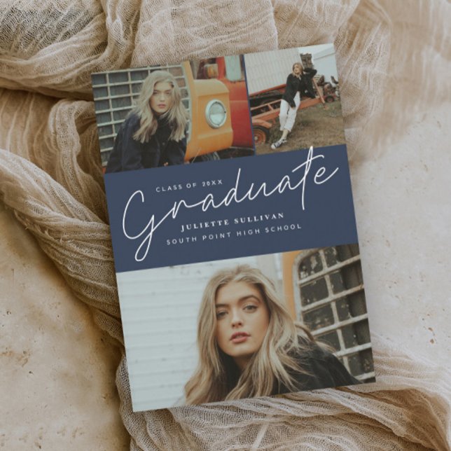 Modern Script 3 Photo Collage Graduation Party Invitation (Creator Uploaded)