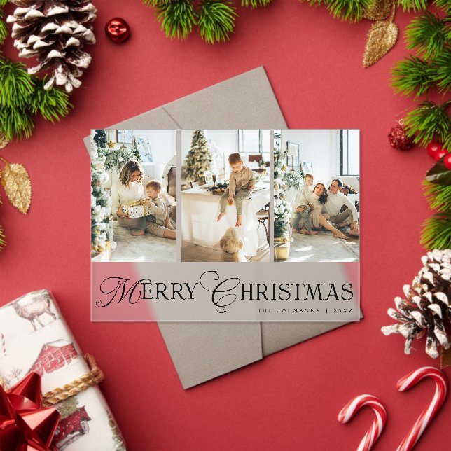 Modern Script 3 Photo Collage Merry Christmas Card Acrylic Invitations (Insitu (Holiday))