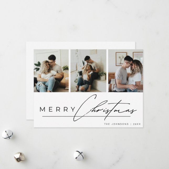 Modern Script 3 Photo Collage Merry Christmas Holiday Card (Front/Back In Situ)