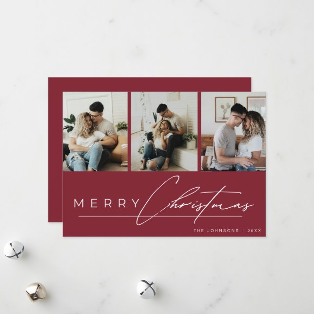 Modern Script 3 Photo Collage Red Merry Christmas Holiday Card (Front/Back In Situ)