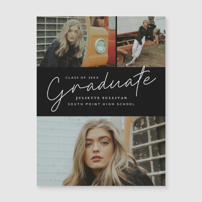 Modern Script 3 Photo Graduation Announcement (Front)