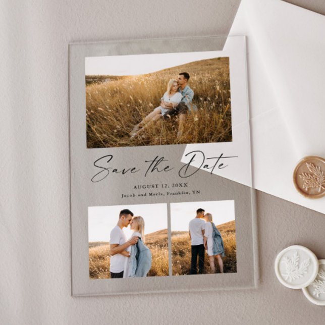 Modern Script 3 Photo Wedding Save the Date Acrylic Invitations (Simple acrylic photo wedding save the  date card.)