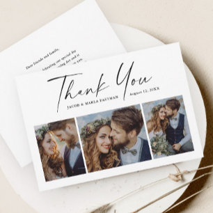 Modern Script 3 Photo Wedding Thank You Card