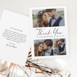 Modern Script 3 Photo Wedding Thank You Card