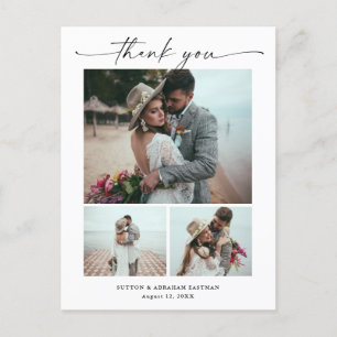 Modern Script 3 Photo Wedding Thank You Postcard