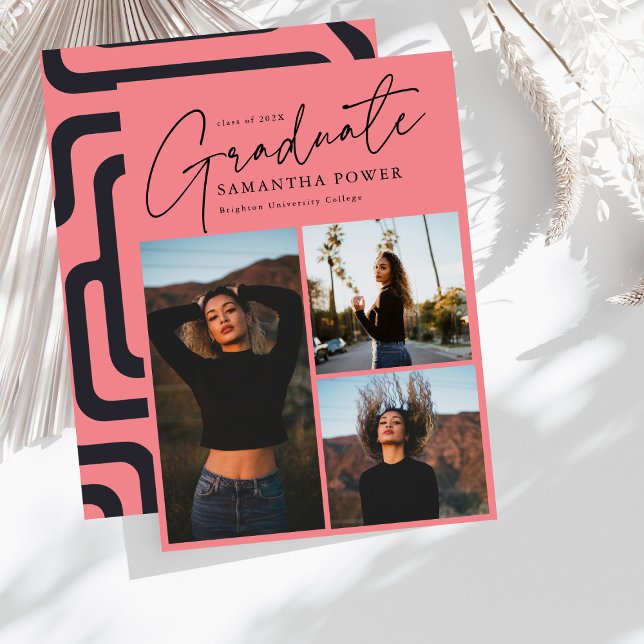 Modern Script 3 Photos Geometric Graduation Announcement (Creator Uploaded)