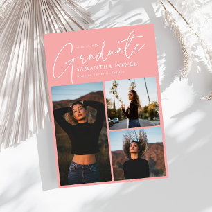 Modern Script 3 Photos Pink Graduation Announcement