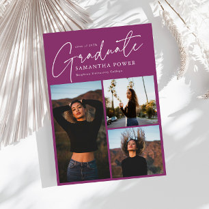 Modern Script 3 Photos Pink Graduation Announcement