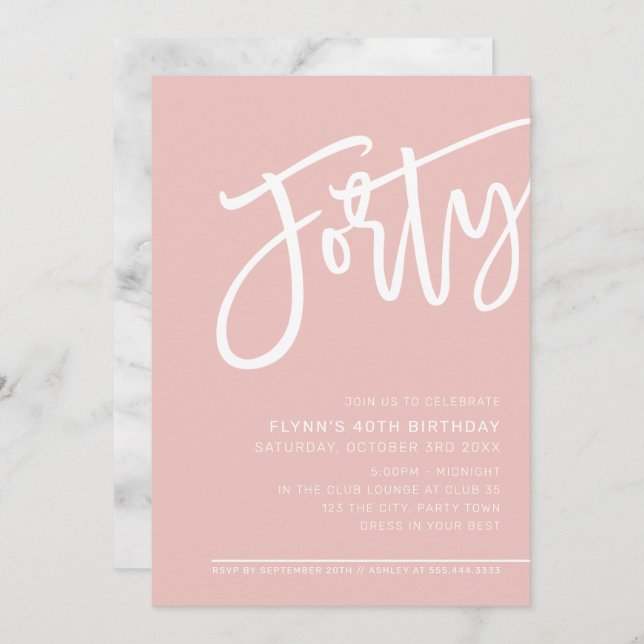 MODERN SCRIPT 40th birthday party blush pink white Invitation (Front/Back)