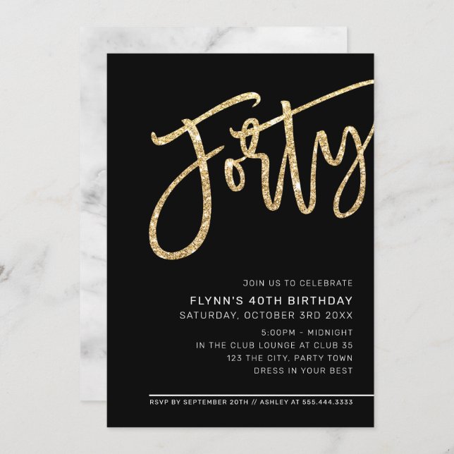 MODERN SCRIPT 40th birthday party gold black white Invitation (Front/Back)