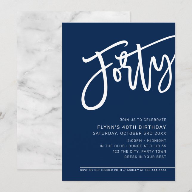 MODERN SCRIPT 40th birthday party navy blue white Invitation (Front/Back)