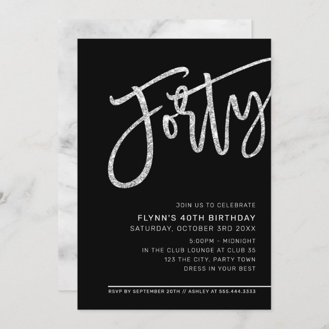MODERN SCRIPT 40th birthday party silver black Invitation (Front/Back)