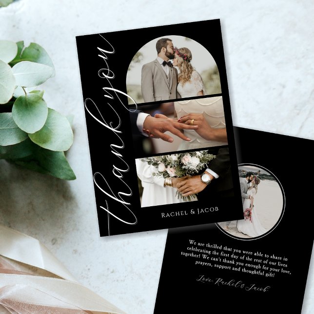 Modern Script 4-Photo Collage Arch Wedding Thank You Card (Creator Uploaded)