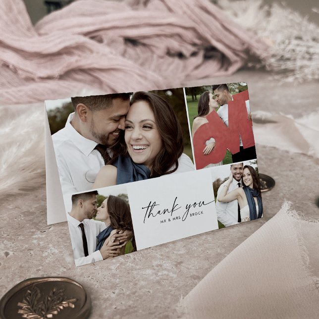 Modern Script 4 Photo Collage Folded Wedding Thank You Card (Creator Uploaded)