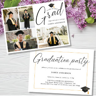 Modern Script 4 Photo Collage Graduation Party Invitation