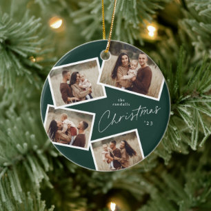 Modern Script 4 Photo Collage Green Christmas Ceramic Tree Decoration