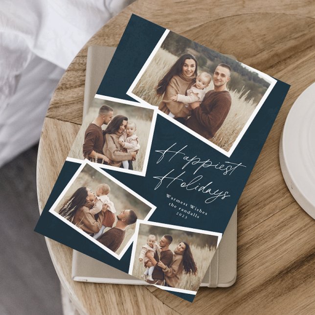 Modern Script 4 Photo Collage Happiest Holiday Card (Modern script 4 photo collage happiest holidays card in dark blue.)