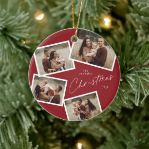 Modern Script 4 Photo Collage Red Christmas Ceramic Tree Decoration