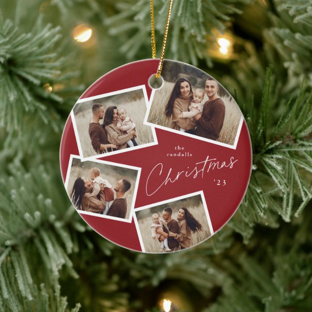 Modern Script 4 Photo Collage Red Christmas Ceramic Tree Decoration (Tree)