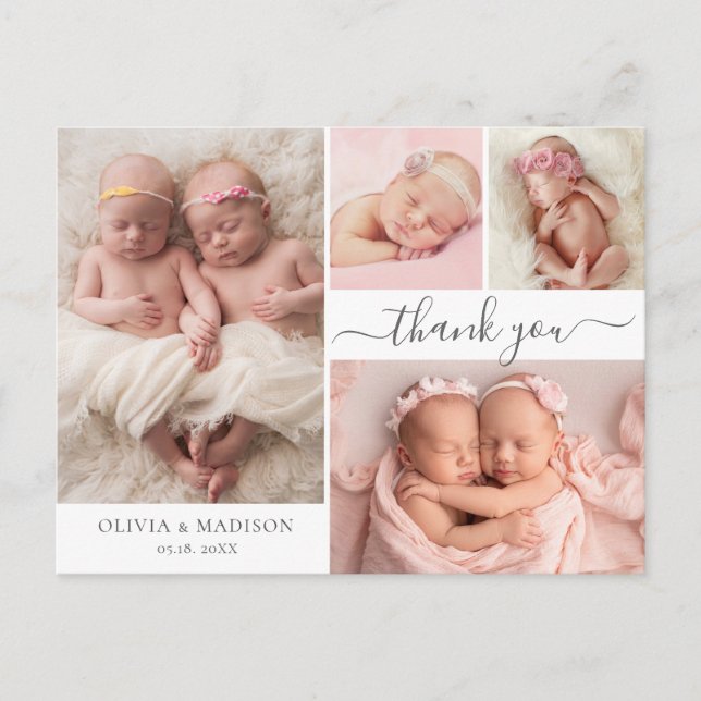 Modern Script 4 Photo Girl Twins Baby Thank You Postcard (Front)