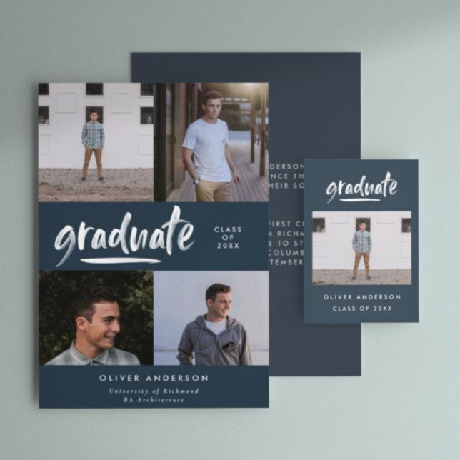 Modern script 4 photo navy blue graduation invitation (Creator Uploaded)