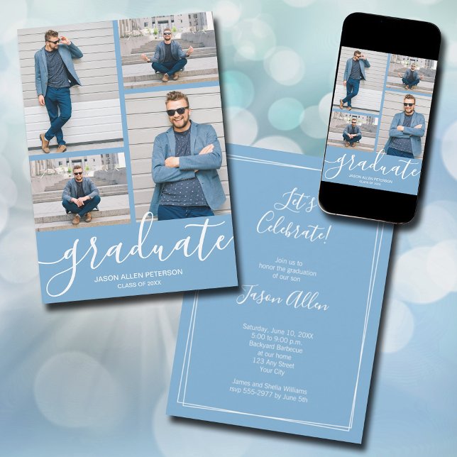 Modern Script 4 Photo Powder Blue Graduation Announcement (Modern script 4 photo powder blue graduation announcements - PRINTED and/or INSTANT DOWNLOAD)