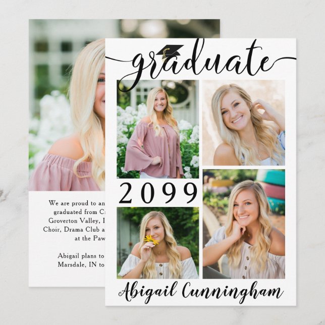 Modern Script 5 Photo Collage Graduate Announcement (Front/Back)