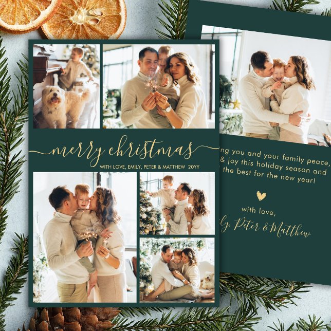 Modern Script 5 Photo Collage Green Christmas Holiday Card (Creator Uploaded)