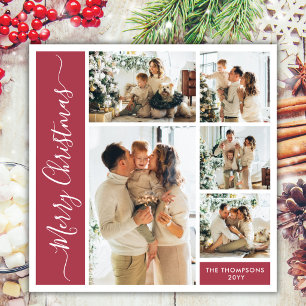 Modern Script 5 Photo Family Christmas Collage Red Holiday Card