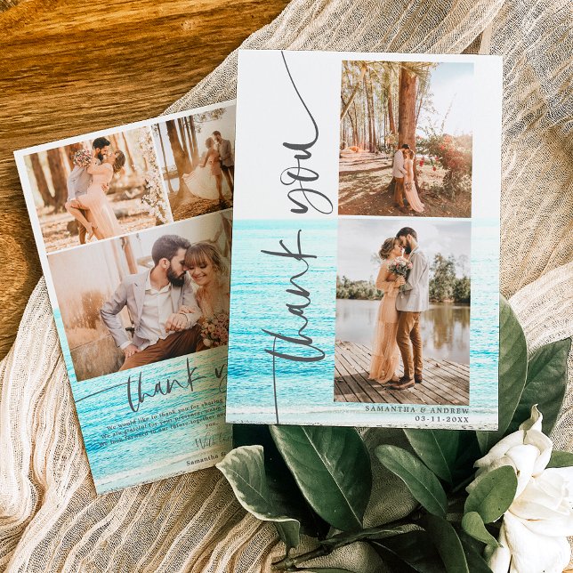 Modern script 5 photos wedding beach thank you card (Creator Uploaded)