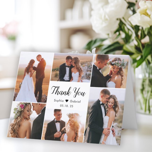 Modern Script 6 Photo Collage Heart Wedding  Thank You Card (Creator Uploaded)