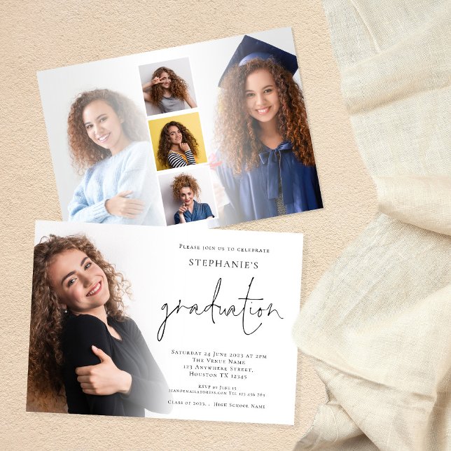 Modern Script 6 Photo Overlay Graduation Party Invitation (Front and back view)