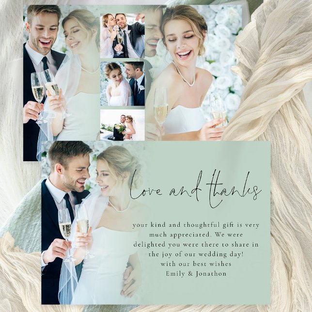 Modern Script 6 Photos Wedding Love Thanks Sage Card (Front and back view)