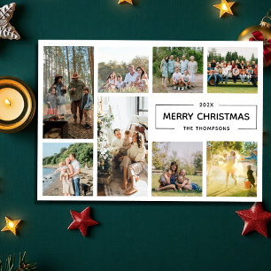 Modern Script 8 Photo Collage Merry Christmas Holiday Card