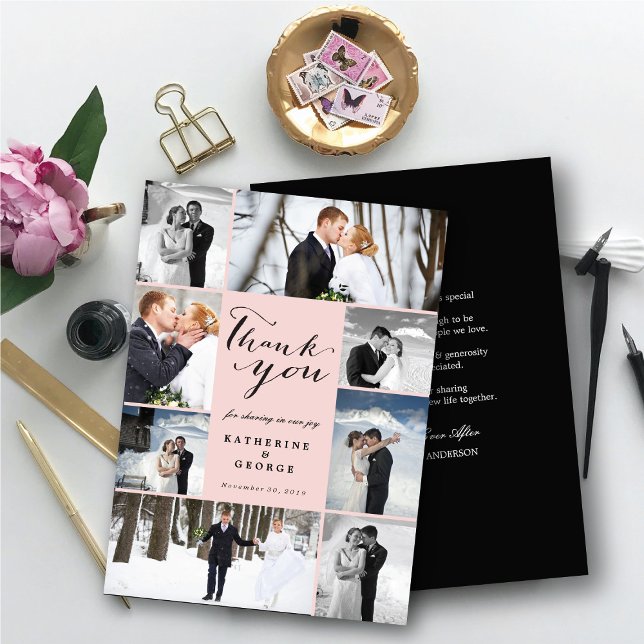 Modern Script 8-Photo Pink Wedding Design Thank You Card (Modern Classy Script 8 Multi Photo Collage Stylish Wedding Thank You Card @ fatfatin_blue_knot)