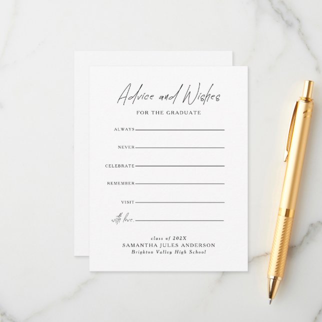 Modern Script Advice and Wishes Graduation Enclosure Card (Front/Back In Situ)