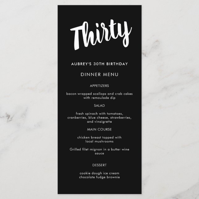 Modern Script Any Year 30th Birthday Party Menu (Front)