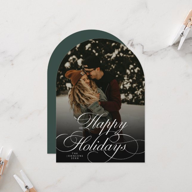 Modern Script & Arch 1 Photo Green Christmas Card (Front/Back In Situ)