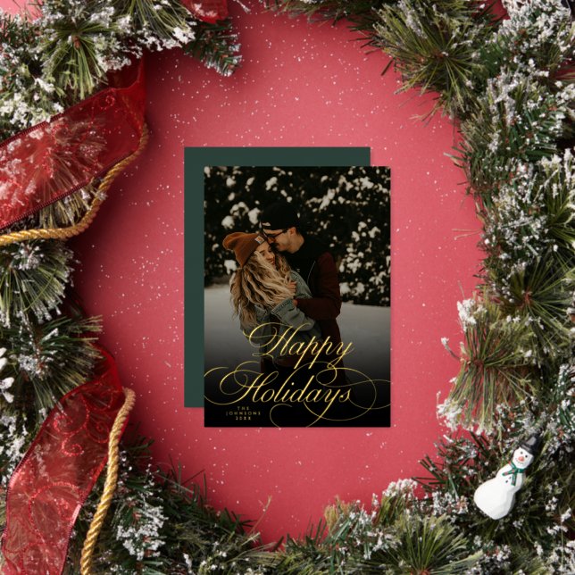 Modern Script & Arch 1 Photo Green Christmas Card (Insitu)