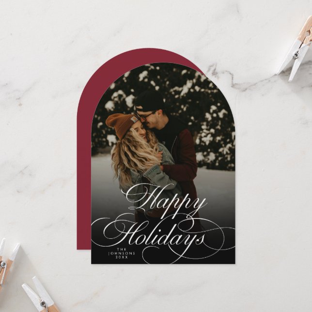 Modern Script & Arch 1 Photo Red Christmas Card (Front/Back In Situ)