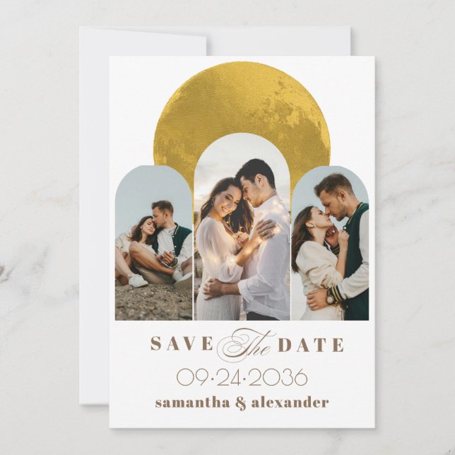 Modern Script Arch Celestial Moon 3 Photo Elegant Save The Date (Front)