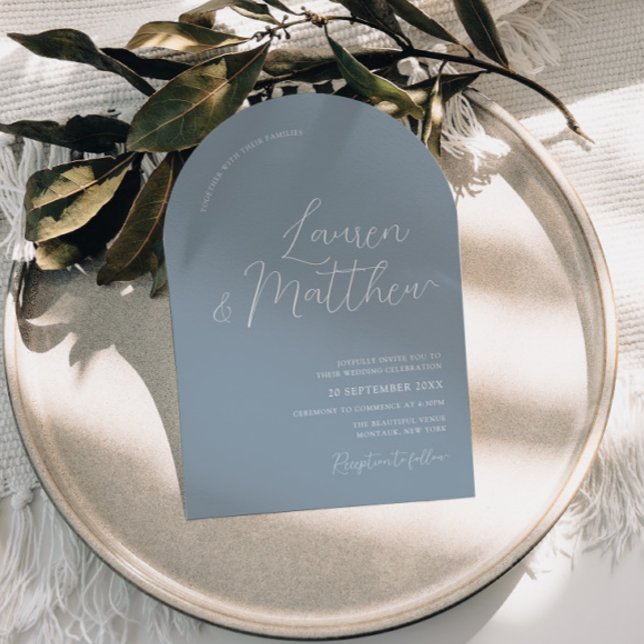 Modern Script Arch Dusty Blue Wedding Invitation (Creator Uploaded)