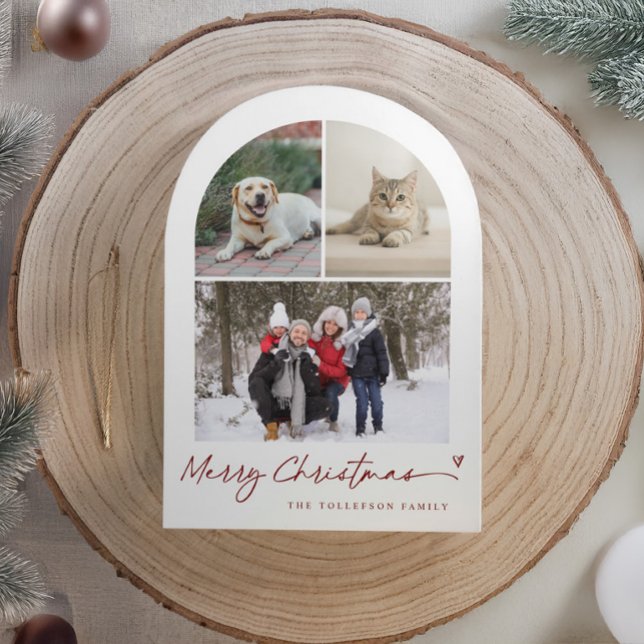 Modern Script Arch Family Photo Christmas Holiday Card (Modern arch Christmas card with red and white photo collage, minimalist script, and small heart.)