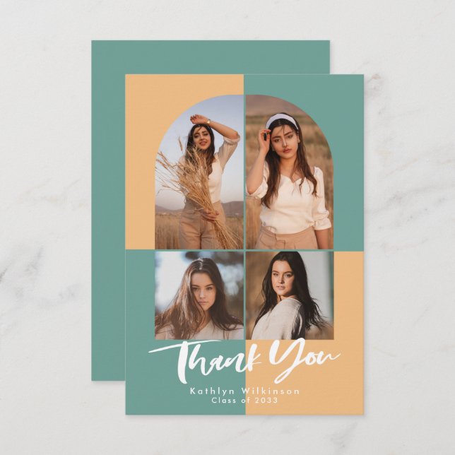 Modern Script Arch Green Yellow 4 Photo Graduation Thank You Card (Front/Back)
