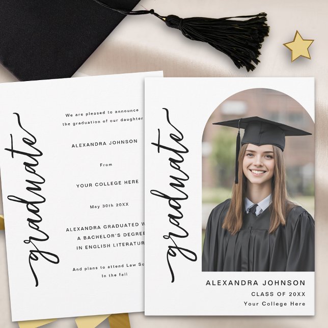 Modern Script Arch Photo Announcement (Modern trendy black and white photo arch graduation announcement card Elegant script minimalist )