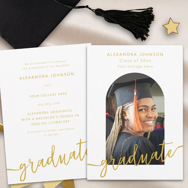 Modern Script Arch Photo Graduation Announcement (Modern gold script photo arch graduation announcement card Trendy stylish elegant design)