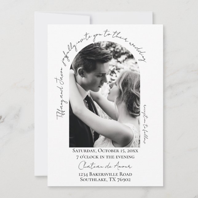 Modern Script Arch Photo Wedding Invitation (Front)
