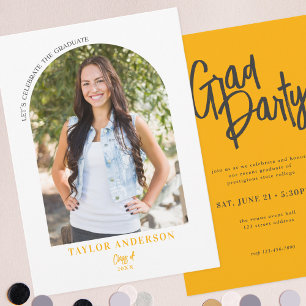 Modern Script Arch Photo Yellow Grey Grad Party Invitation