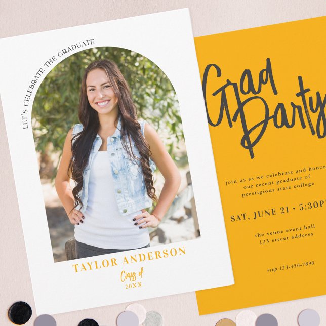 Modern Script Arch Photo Yellow Grey Grad Party Invitation (Creator Uploaded)