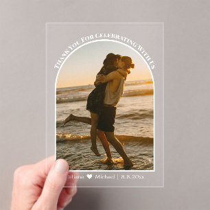 modern script arch wedding photo thank you card acrylic invitations